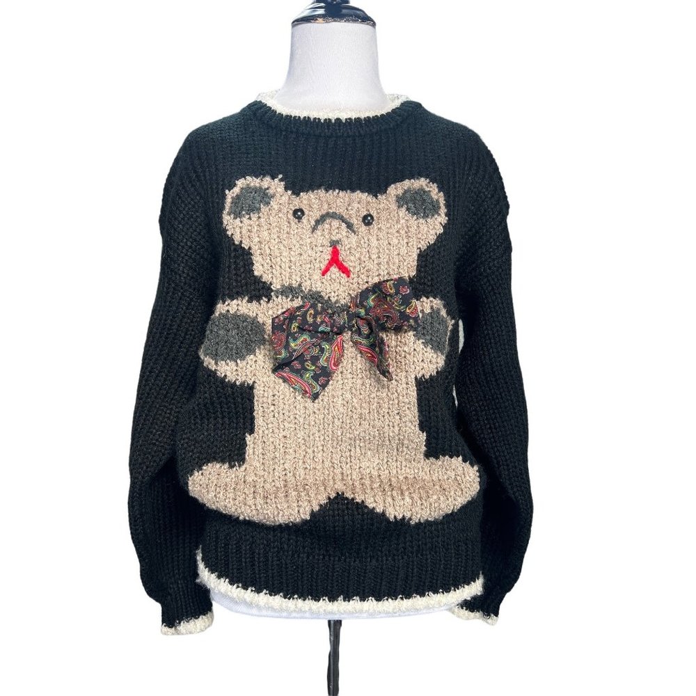 Vintage Evian II Sweater Small Black Teddy Bear Hand Knit Fabric Bow 80s Chunky